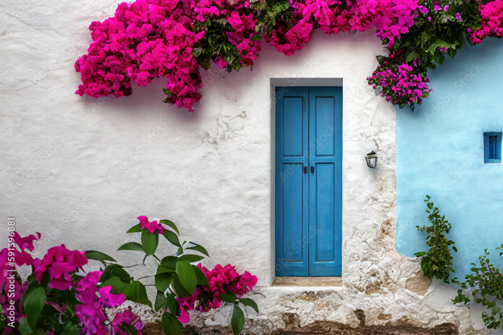 Old blue door with blooming pink bougainvillea in a European town, generative AI.