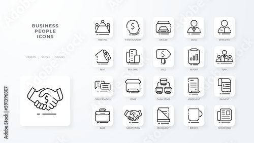 Business people icons with black outline style. arrow, management, social, team, teamwork, avatar, bank. Vector Illustration