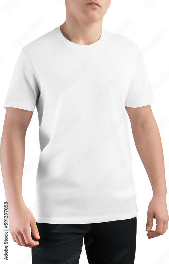 Canvas bella white t-shirt mockup on guy, png, front view Canvas bella white t-shirt mockup on guy, png, front view
