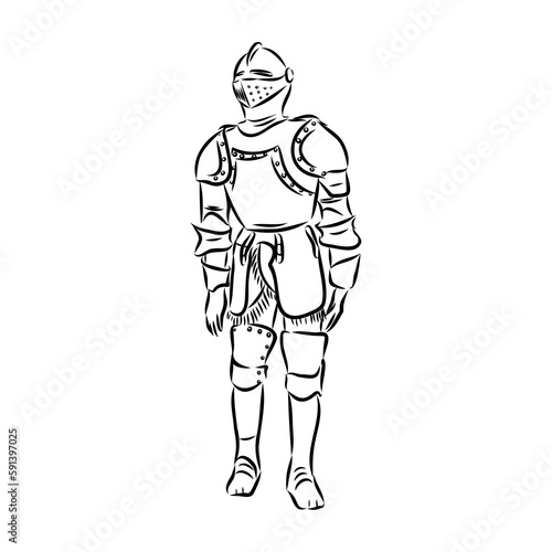 Knight armour engraving vector illustration. Scratch board style imitation. Black and white hand drawn image.