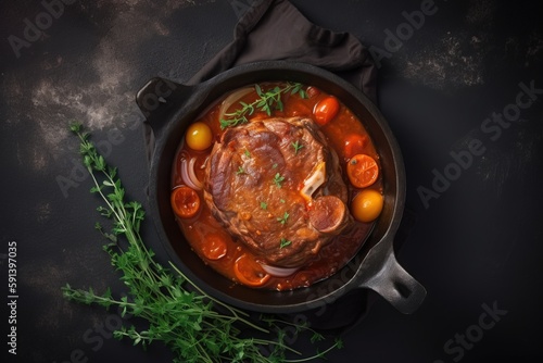  a pot filled with meat and vegetables on top of a black tablecloth next to a fork and a napkin on the side of the pot. generative ai
