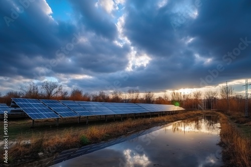  a row of solar panels sitting on top of a grass covered field next to a river under a cloudy sky with sun shining through the clouds.  generative ai © Shanti