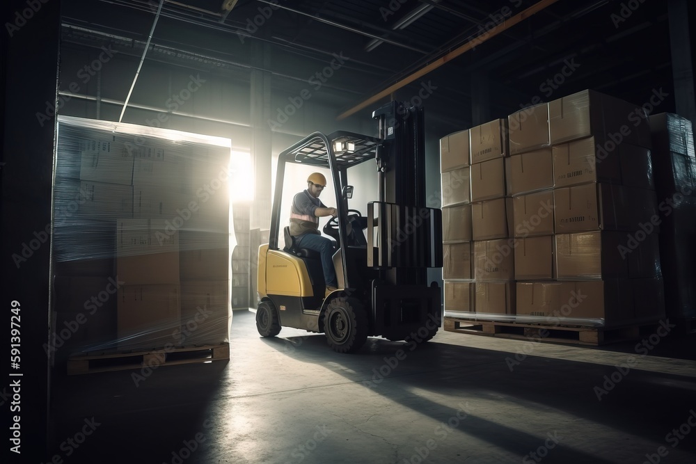  a man driving a forklift in a warehouse with boxes on the floor and a light shining on the back of the forklift in the warehouse.  generative ai