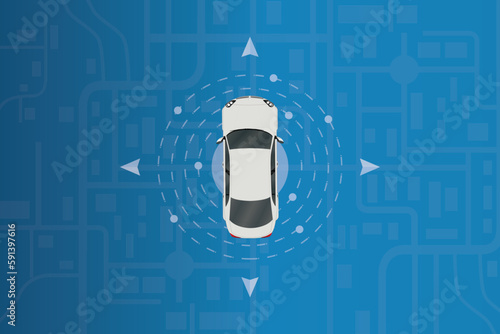 Car navigation with blue map. Self-driving car. Futuristic car with technology user interface concept scene. Vector.