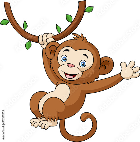 Cute monkey cartoon hanging in tree branch