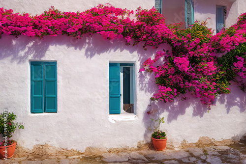Old blue door with blooming pink bougainvillea in a European town, generative AI.