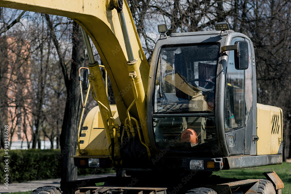 Cab of a bulldozer at a construction site