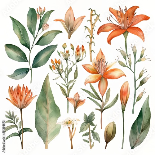 Natural Beauty. Watercolor Lily Illustration. AI Generated