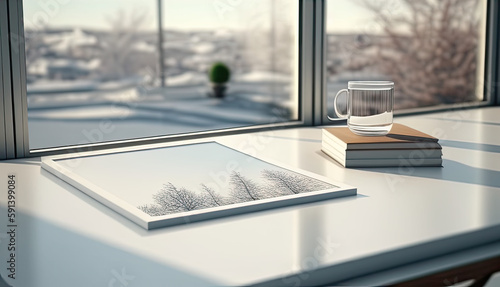 For montage product presentation or design essential visual arrangement, selective emphasis. Empty white table top on blurry abstract window glass view. Generative AI