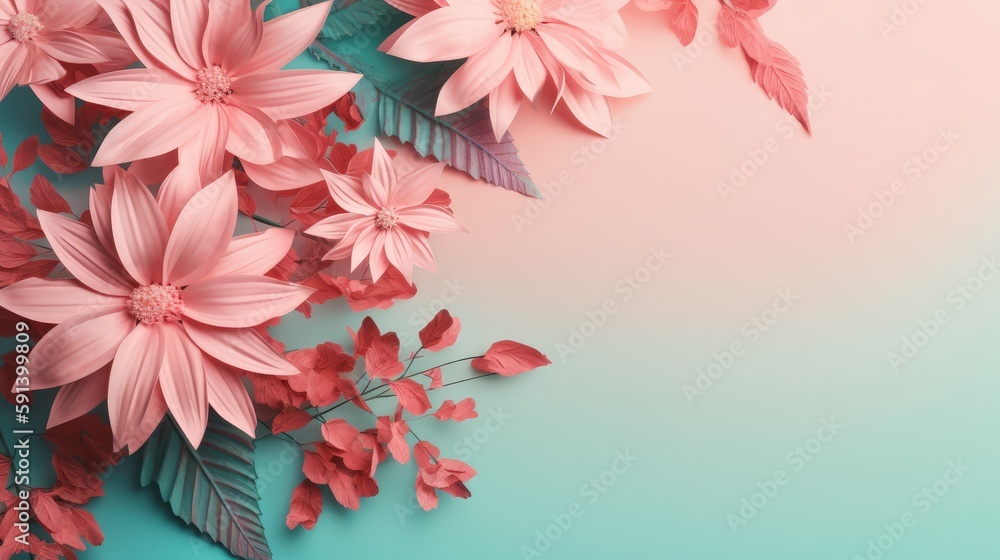 Spring flower and green leaves frame on pink and light blue pastel background. generative Ai