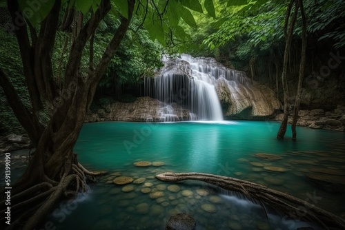 serene waterfall cascading down into a river surrounded by lush trees. Generative AI