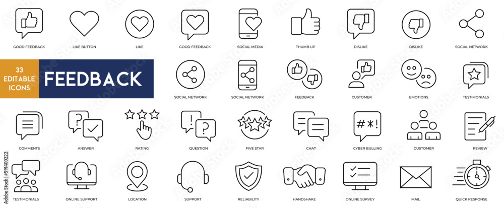 Feedback icons set thin line with editable stroke. Feedback, rating, like, dislike, customer, social network, mail, chat, good, testimonials icons collection vector illustrations on white background - obrazy, fototapety, plakaty 