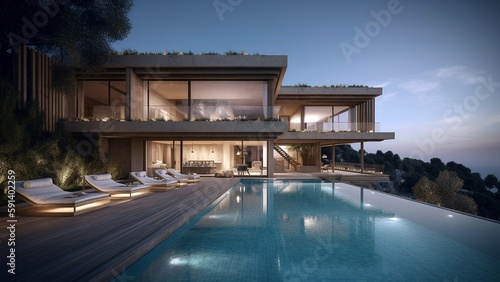 Luxury Modern Home, Villa and Backyard and swimming pool, Generated by AI © Digital Dreamscape