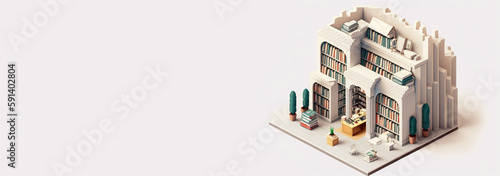 Banner Isometric modern bookstore on white background, books in public library, education concept, AI Generative.