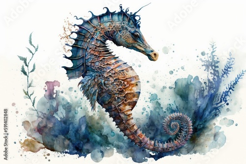 beautiful watercolor painting of a majestic sea horse. Generative AI