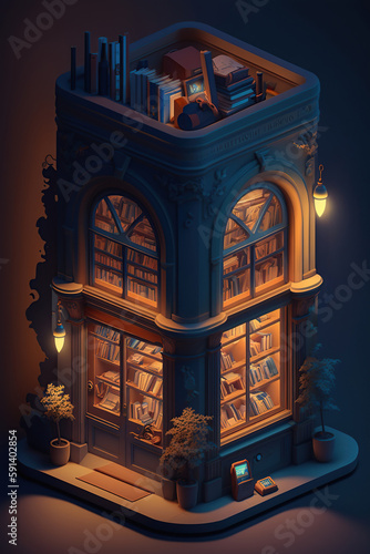 Isometric atmospheric retro bookstore on black background, books in public library, education concept, AI Generative.