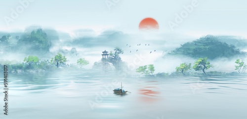 Chinese style artistic conception watercolor landscape painting background photo