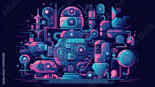 Automation concept illustration, incorporation of artificial intelligence and robotics. Efficiency and productivity as digital transformation in engineering, mechanics, and electronics. Generative AI
