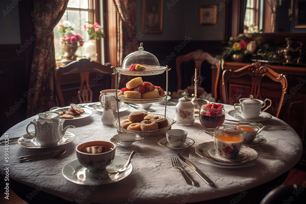 Aromatic pot of tea, accompanied by delicate finger sandwiches, scones, and dainty pastries, set on a beautifully adorned table. Generative AI. Aromatic pot of tea, accompanied by delicate finger sandwiches, scones, and dainty pastries, set on a beautifully adorned table. Generative AI.