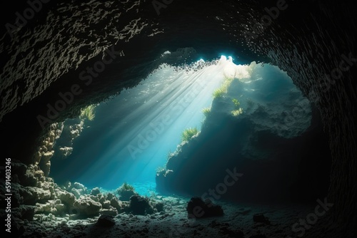 cave with rays of sunlight shining through an underwater entrance. Generative AI