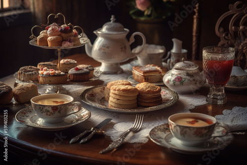 Aromatic pot of tea, accompanied by delicate finger sandwiches, scones, and dainty pastries, set on a beautifully adorned table. Generative AI.
