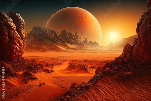 barren desert landscape with a vibrant red planet looming in the distance. Generative AI