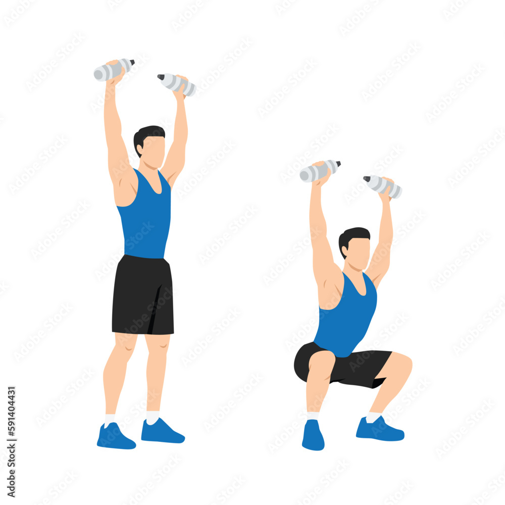 Man doing Overhead water bottle squats exercise. Flat vector Man doing Overhead water bottle squats exercise. Flat vector