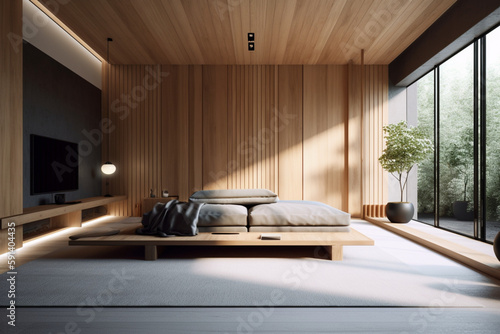 a minimalist living room interior design Created with generative AI tools.
