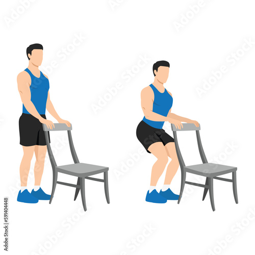Man doing Chair squat exercise. Partial or half squat with chair for athlete