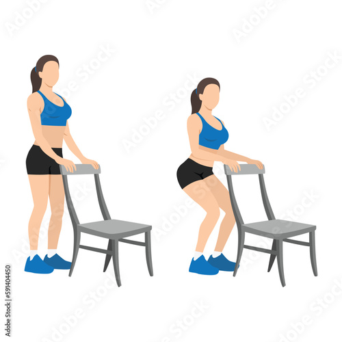 Woman doing Chair squat exercise. Partial or half squat with chair for athlete.