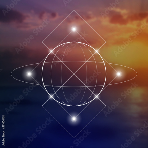 Sacred geometry spiritual new age futuristic illustration with transmutation interlocking circles, triangles and glowing particles