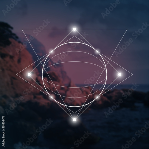 Sacred geometry spiritual new age futuristic illustration with transmutation interlocking circles, triangles and glowing particles