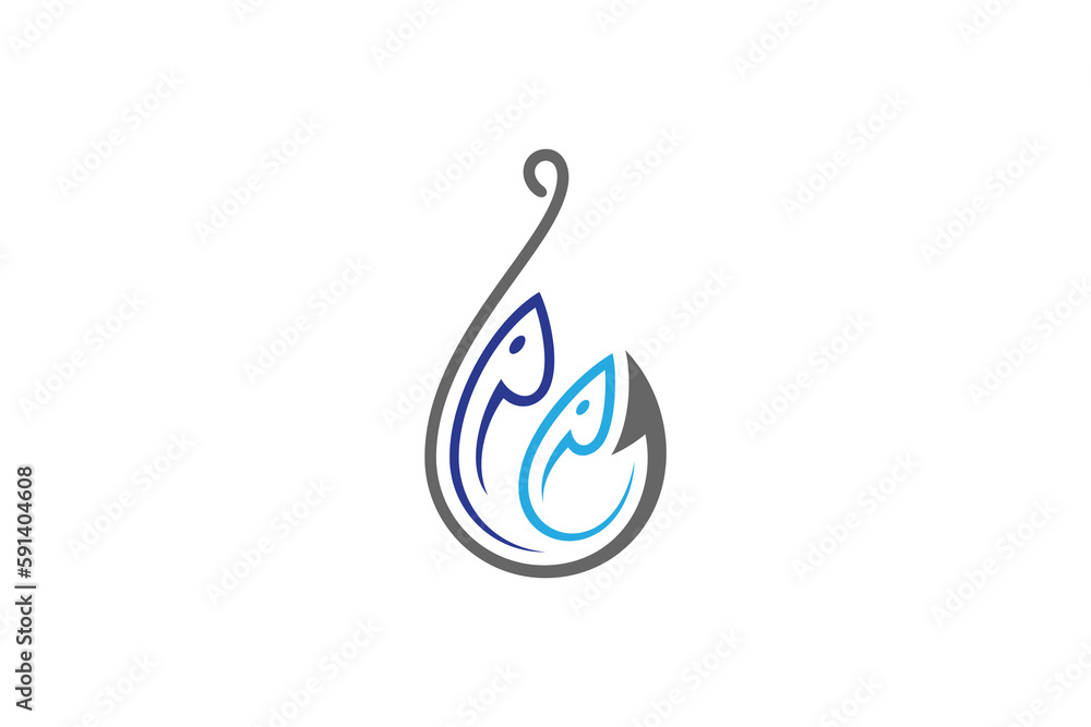 Fishing logo design with two fish and hook shape Fishing logo design with two fish and hook shape