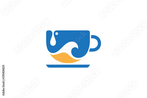 Cup and wave logo for cafe and restaurant on the beach