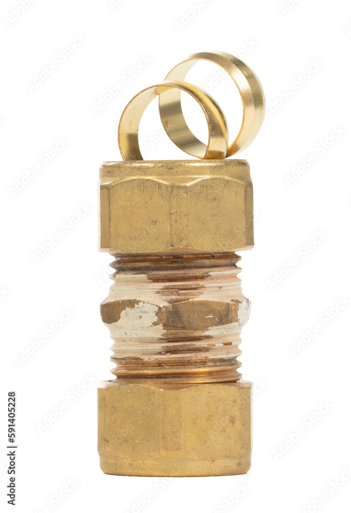 Brass fitting for plumbing pipes, connector for two different sizes Brass fitting for plumbing pipes, connector for two different sizes