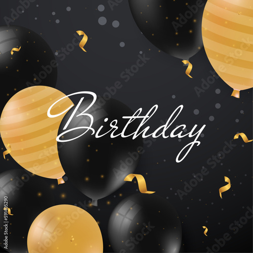 Happy birthday card with luxury balloons and ribbon and gift box. 3d realistic style. vector illustration for design.