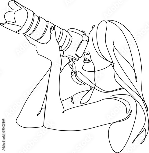 Single one line drawing photographer of paparazzi taking photo with modern digital camera with angles. Journalist or reporter making pictures. Continuous line draw design graphic vector illustration