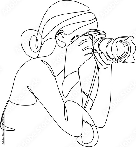 Single one line drawing photographer of paparazzi taking photo with modern digital camera with angles. Journalist or reporter making pictures. Continuous line draw design graphic vector illustration
