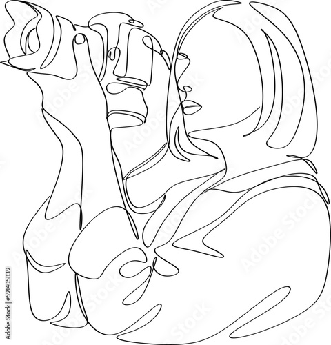Single one line drawing photographer of paparazzi taking photo with modern digital camera with angles. Journalist or reporter making pictures. Continuous line draw design graphic vector illustration