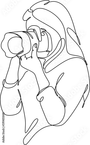 Single one line drawing photographer of paparazzi taking photo with modern digital camera with angles. Journalist or reporter making pictures. Continuous line draw design graphic vector illustration