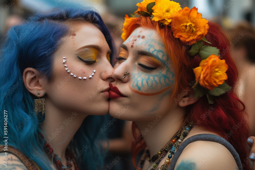 Obraz premium Two lesbian girls kissing during lgbtq pride parade. Generative AI