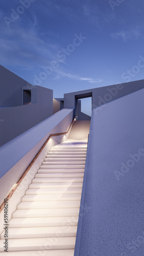 Architecture 3d rendering illustration of minimal house with lights on stairs at sunset