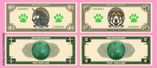 Vector obverse and reverse of zoo banknotes in denominations of 1 and 2 dollars. Portrait in an oval of a unicorn and a doggie. Animal paw print and planet earth.