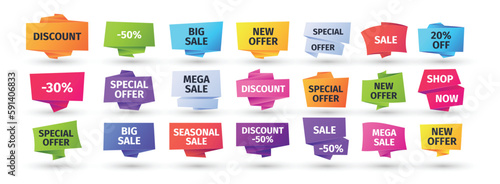 Paper sale banners. Price label sticker prints, abstract discount label sticker set and best offer message concept. Vector geometric collection. Horizontal colorful ribbons for shop or store