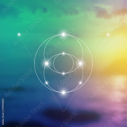 Sacred geometry spiritual new age futuristic illustration with transmutation interlocking circles, triangles and glowing particles