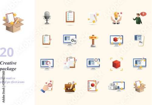 Creative package set. Creative icons: studio, brief, creative process, inspiration, thinking, test, web development, vector, logo design, mobile app, landing page, branding, coding, 3d, design, touch