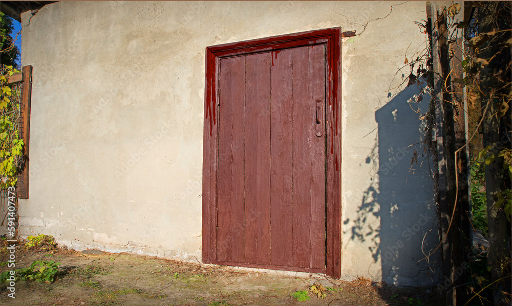 Naklejka premium Old wooden door to a vintage dwelling