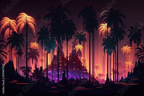 Night Cityscape with Palm Trees and Buildings. Generative AI © 2rogan