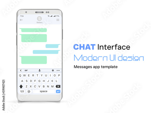 Realistic smartphone with chat interface messaging app. Modern UI design message app template. Social media application concept. Vector illustration