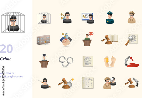 Crime set. Creative icons: prisoner, thief, hacker, police officer, detective, jail, corruption, witness, law, evidence, judge, handcuffs, fingerprint, coroner, murder, war crime, footprints